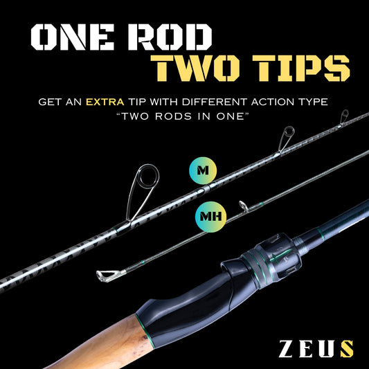 Fishing rod with two tips labeled 'M' and 'MH' on a black background, featuring Zeus branding.
