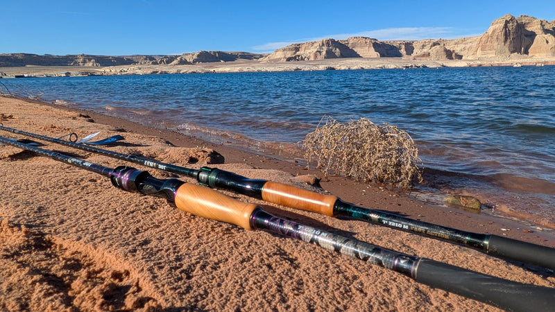 Carbon fiber fishing rods with wood handles on sandy lake shore, clear sky and rocky cliffs