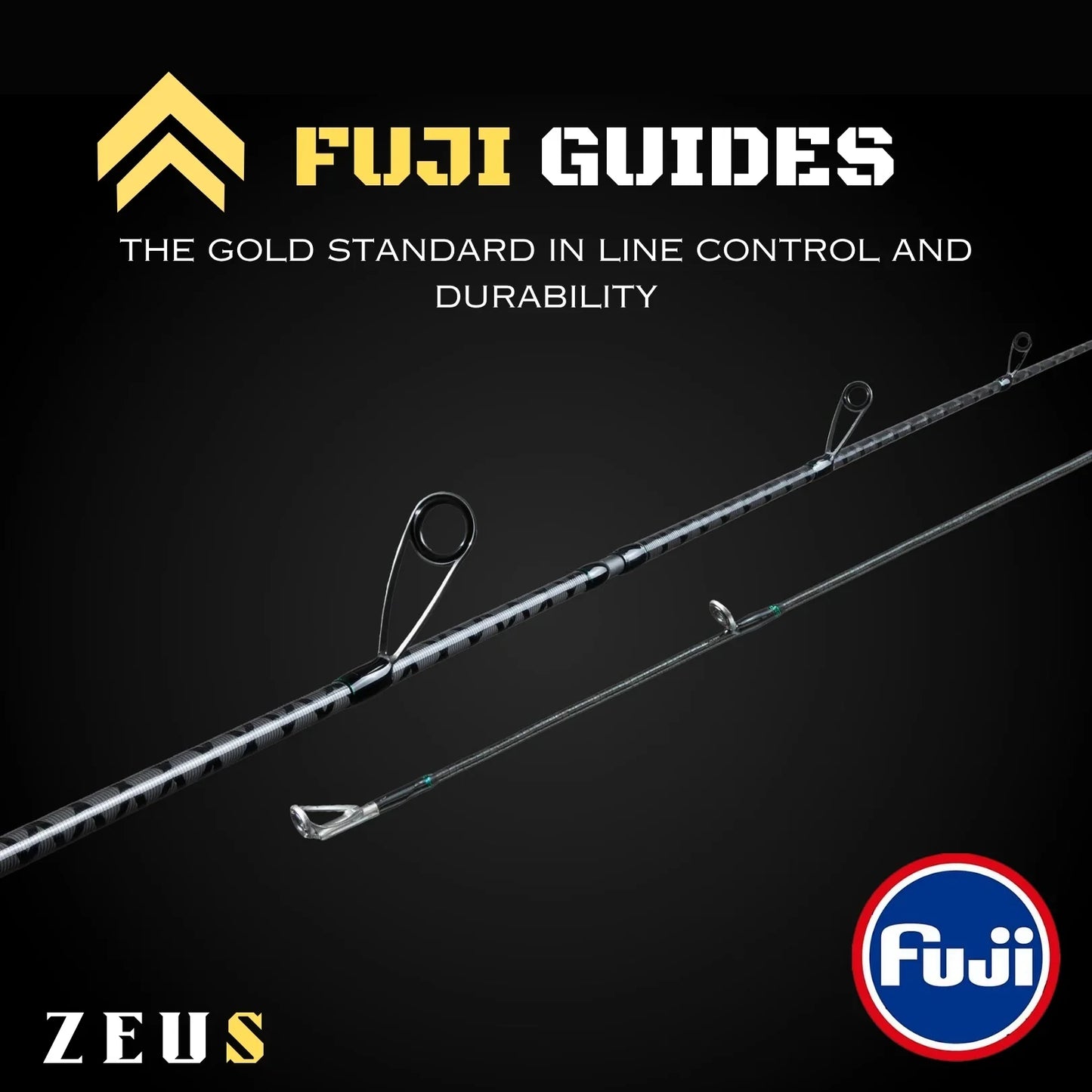 Fishing rod with Fuji guides for superior line control and durability, black background.