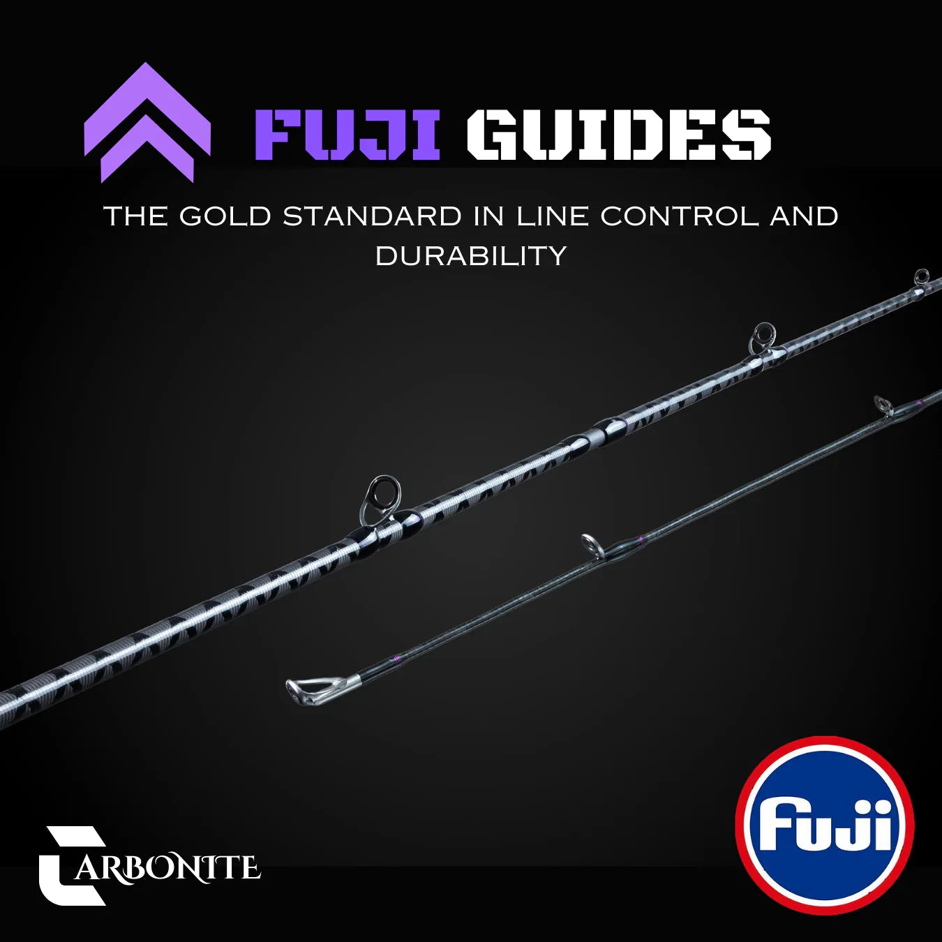 Close-up of fishing rods with Fuji guides and carbon fiber detail on black background.