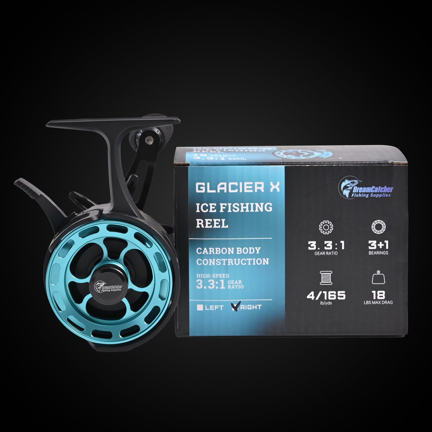 Glacier X ice fishing reel with blue accents and carbon body next to product box on black background.