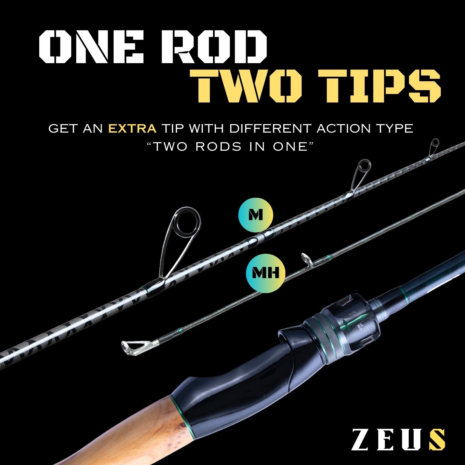 Fishing rod with two tips labeled 'M' and 'MH' on a black background, featuring Zeus branding.