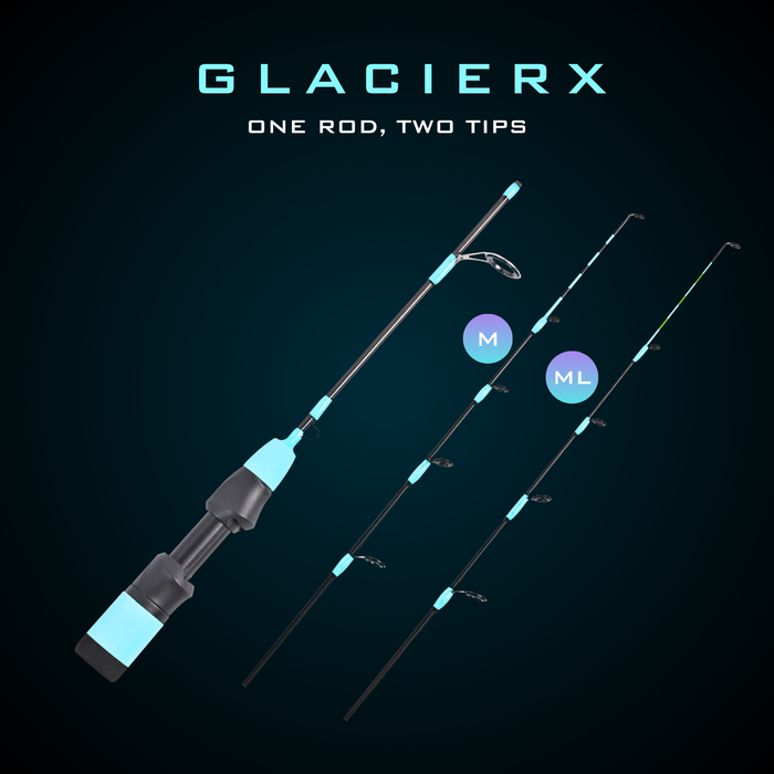 GlacierX fishing rod with two interchangeable tips, medium and medium light, on dark background.