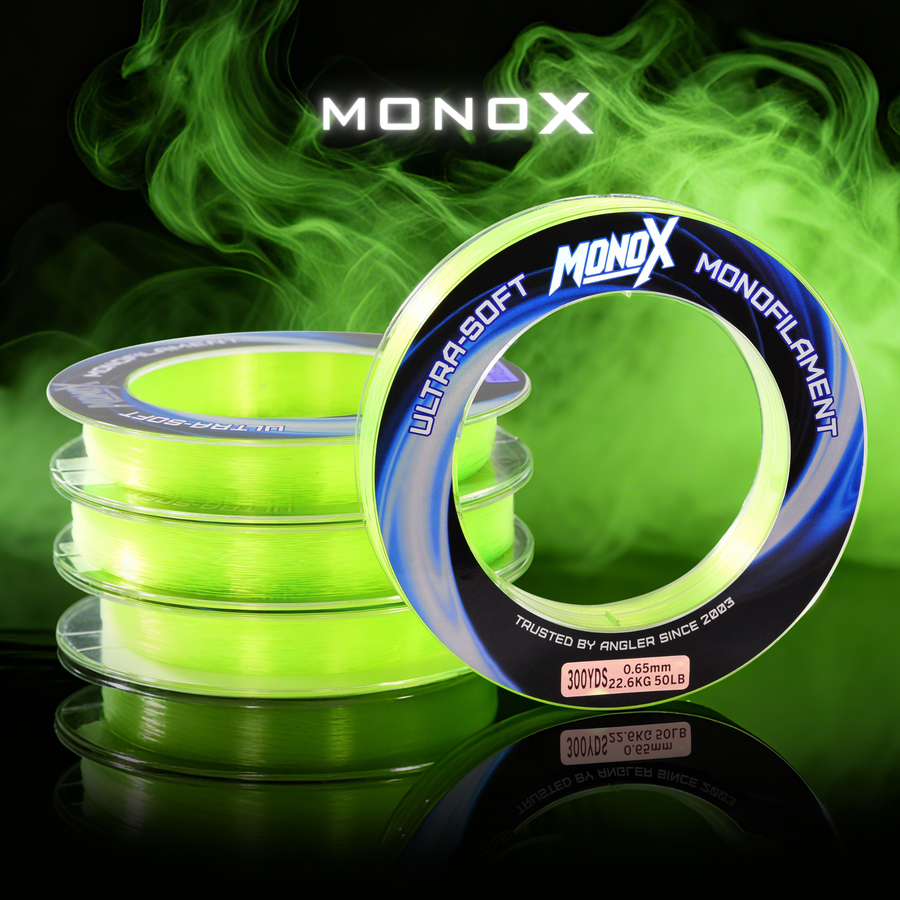 Neon green monofilament fishing line spools labeled ultra-soft, with bold MONOX branding.