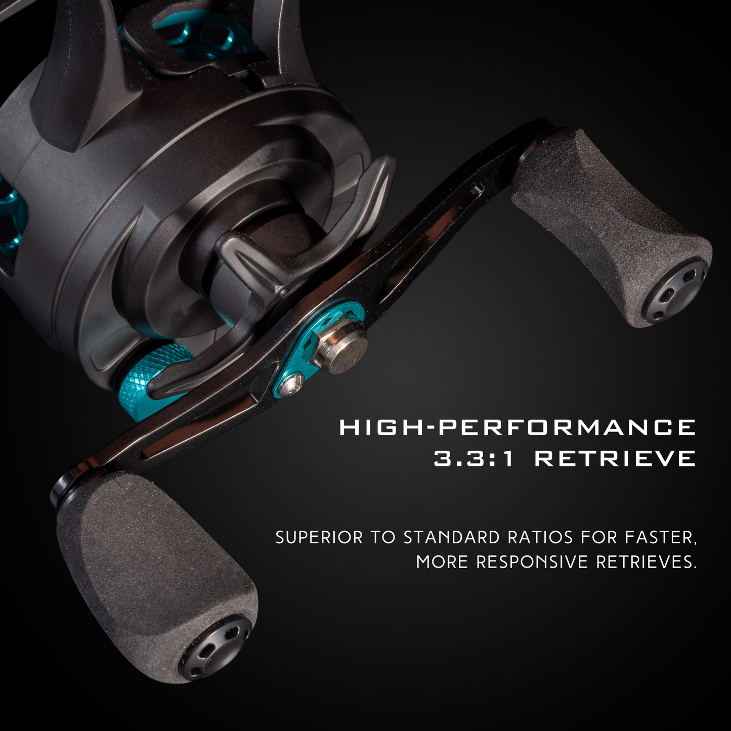 Close-up of baitcasting fishing reel handle with high-performance 3.3:1 retrieve ratio.
