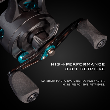 Close-up of baitcasting fishing reel handle with high-performance 3.3:1 retrieve ratio.