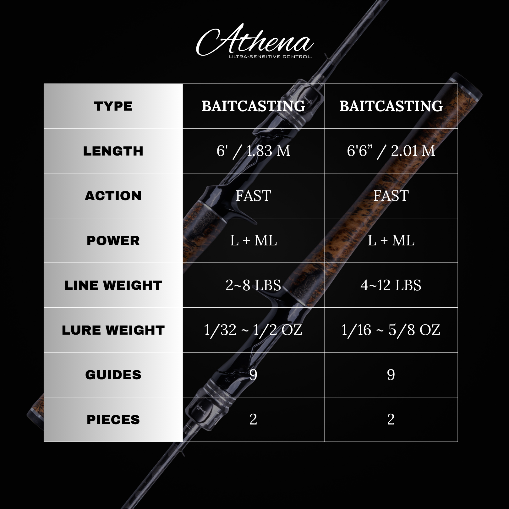 ATHENA 2-PIECE FINESSE BAITCASTING ROD (TWO TIPS INCLUDED)