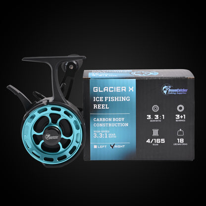 Glacier X ice fishing reel with blue accents and carbon body next to product box on black background.