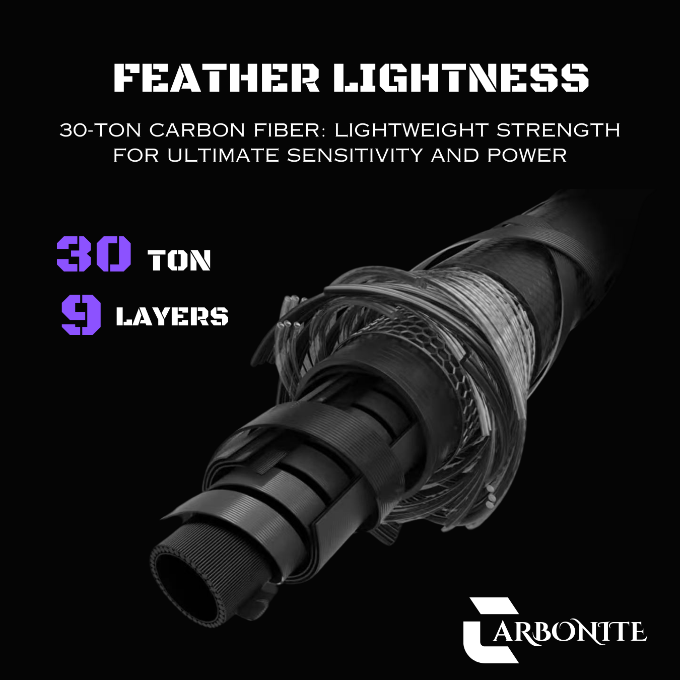 Carbonite baitcasting rod showing 30-ton carbon fiber construction with 9-layer reinforcement for feather-light sensitivity and strength, on black background