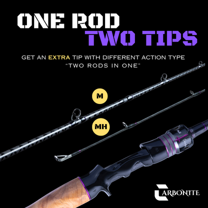 Carbonite baitcasting rod that comes with medium light, medium and medium-heavy tips, featuring 30T carbon fiber, Fuji components, and wooden grip – one rod two tips promotion