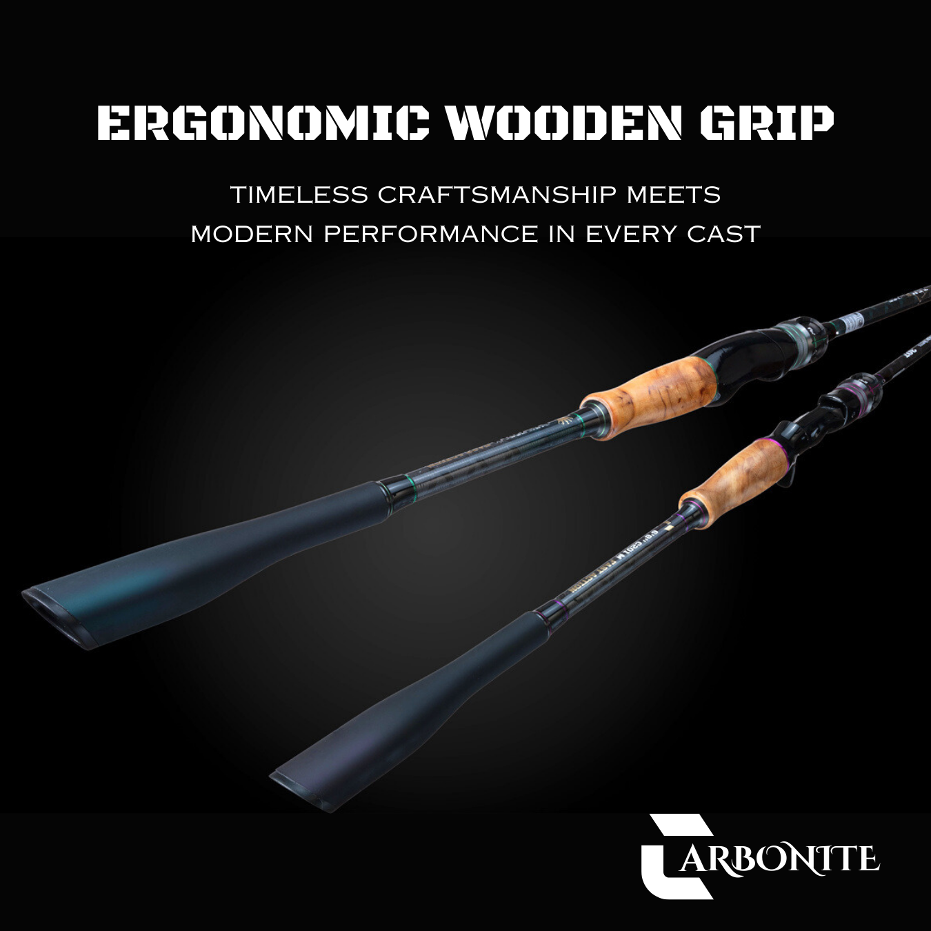 Dreamcatcher rods featuring ergonomic wooden grips and sleek carbon fiber blanks, blending traditional craftsmanship with modern casting performance