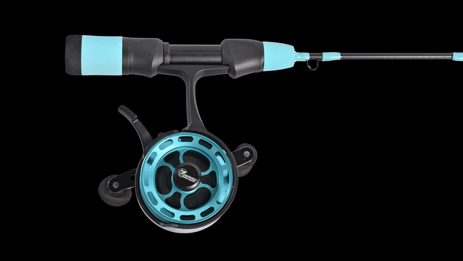 Close-up of a modern fishing rod with blue foam handle and matching reel on black background